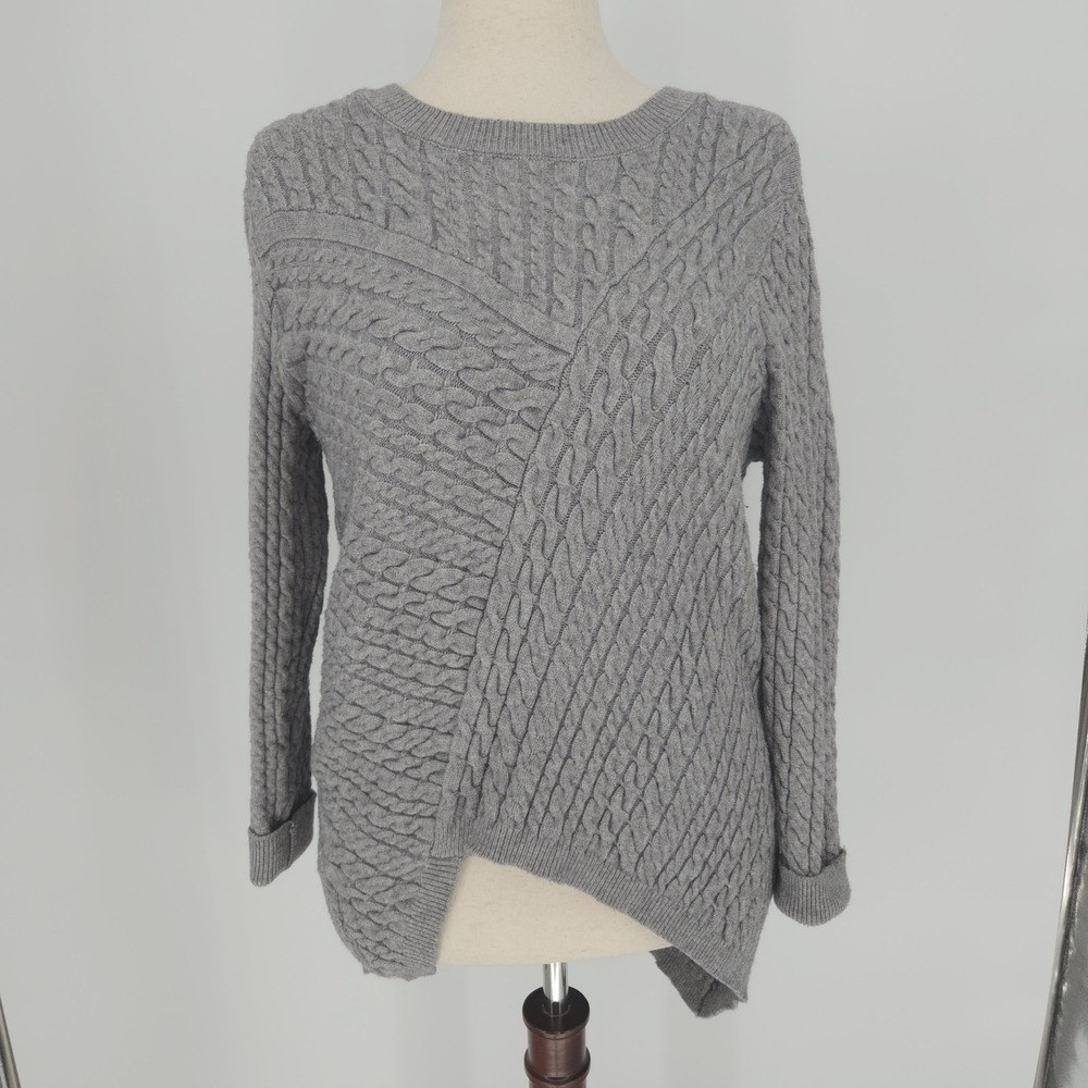Evolution Cyrus Womens L Gray Cable Knit Sweater Asymmetrical Crossover Hem Soft